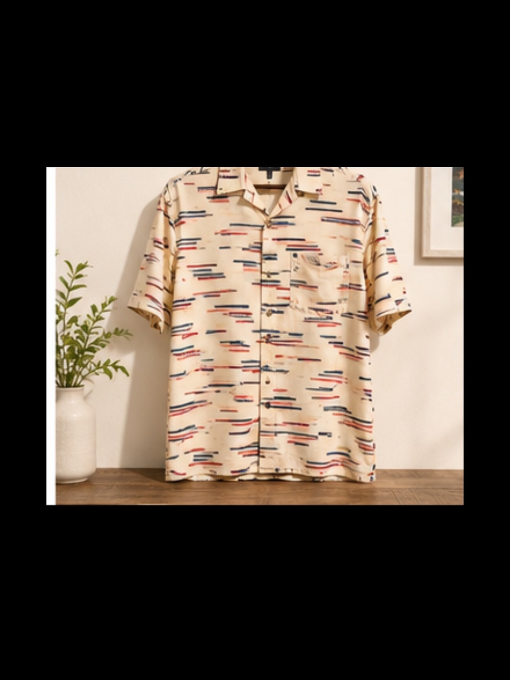 Casual Short-Sleeve Button-Up Shirt in Cream with Blue & Red Stripes